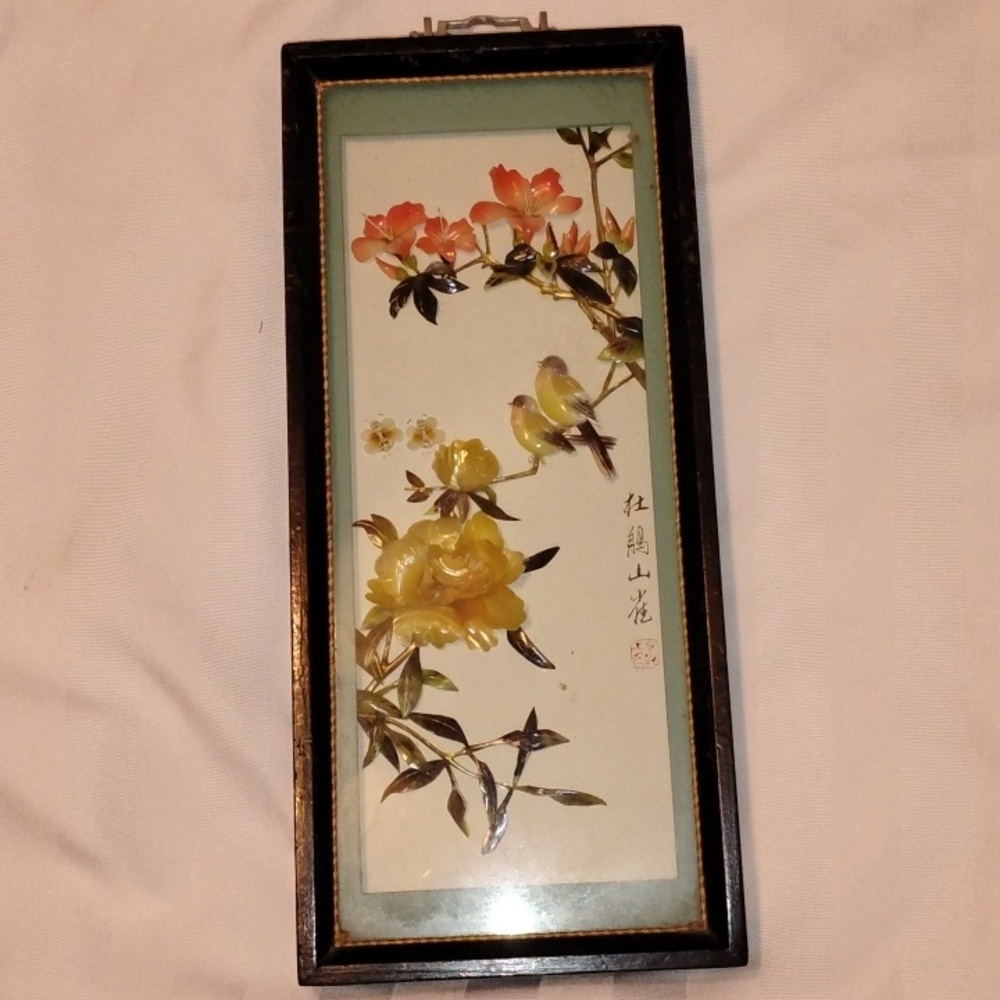 People's Republic of China, Black Framed Shadowbox With Shell Flowers & Birds